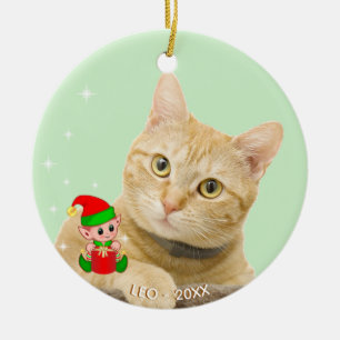 Custom Ginger Tabby Cat Photo with Cute Elf Ceramic Tree Decoration