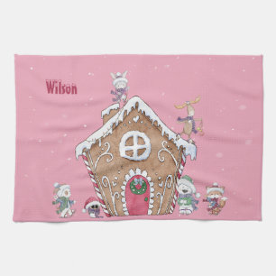 Custom Gingerbread House Ice Skating Snowy Day Tea Towel