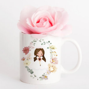 Custom Girl First Holy Communion Greenery Wreath Coffee Mug