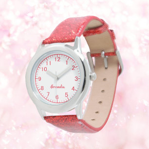 Custom Girl Name Red Glitter Strap Kid Watch
