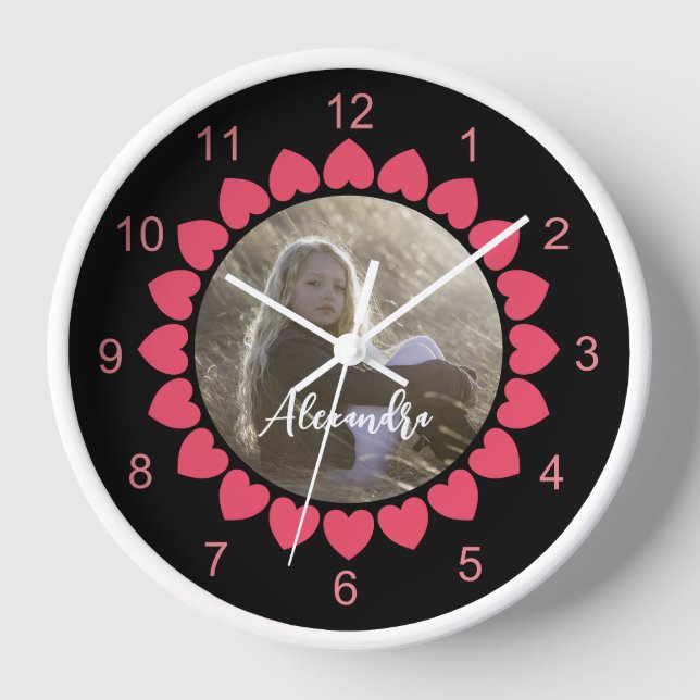Custom Girl Photo with Peachy Hearts Circle Clock (Front)
