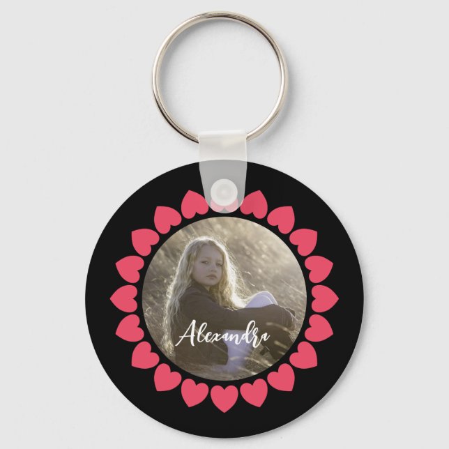 Custom Girl Photo with Peachy Hearts Circle Key Ring (Front)