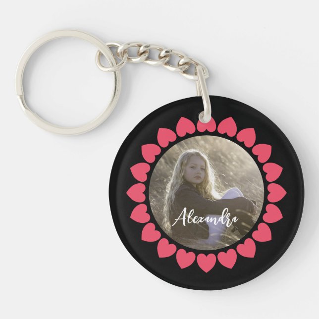 Custom Girl Photo with Peachy Hearts Circle Key Ring (Front)