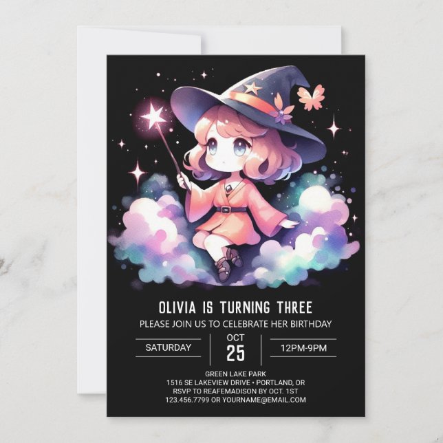 Custom Girl Wizard Birthday Invitation (Front)