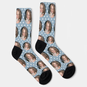 Custom Girlfriend Photo Dusty Blue Polka Dots Love Socks