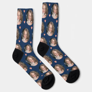 Custom Girlfriend Photo Navy Rose Gold Heart Socks