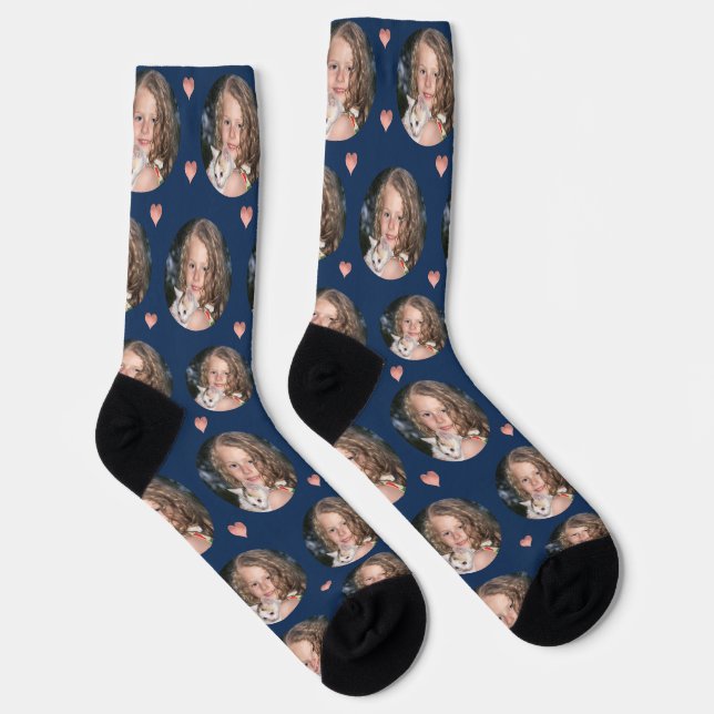 Custom Girlfriend Photo Navy Rose Gold Heart Socks (Right)