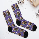 Custom Girlfriend Photo Purple Love Socks<br><div class="desc">Show your love for your boyfriend, husband, or partner with these fun and cosy custom-printed socks! Our girlfriend photo premium crew socks feature a pattern of your own favourite photo along with small white confetti hearts. Create your own by simply adding your picture to the round placeholder image. Makes a...</div>