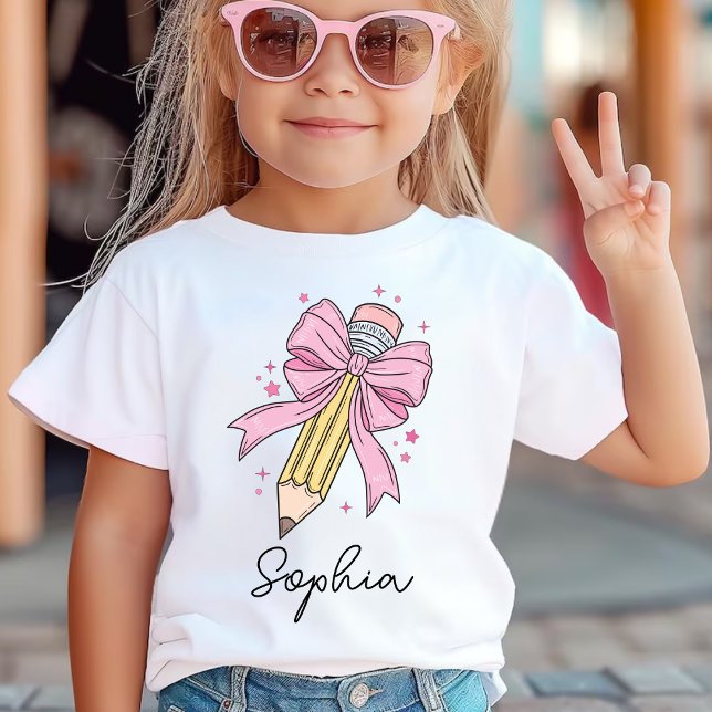 Custom Girls Back to School Coquette Pencil Bow T-Shirt (Creator Uploaded)
