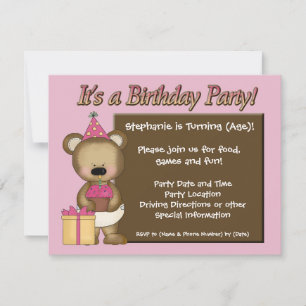 Custom Girl's Birthday Party, Pink Bear Cupcake Invitation