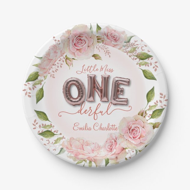Custom Girls First Birthday Balloons Paper Plate (Front)