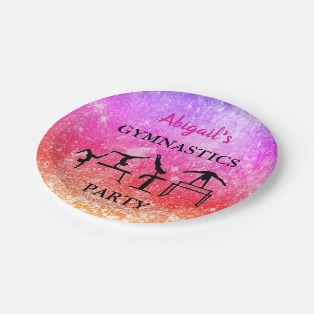 Custom Girls Gymnastics Birthday Rainbow Sparkle Paper Plate (Angled)