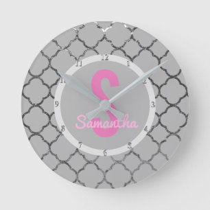 Custom Girls Name Pink Silver Quatrefoil Pattern Round Clock