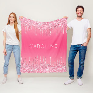 Custom Girl's Name Soft Pink Glitter Dripping Fleece Blanket