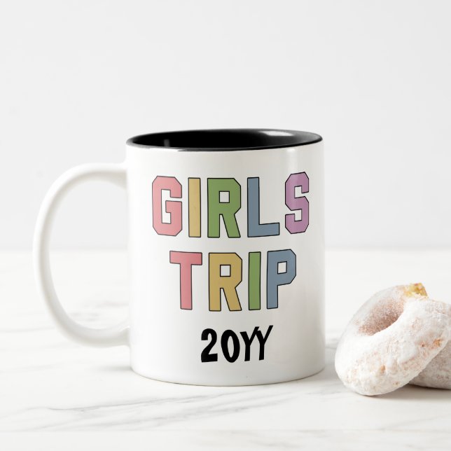 Custom Girls Trip Girls Weekend Vacation Getaway Two-Tone Coffee Mug (With Donut)