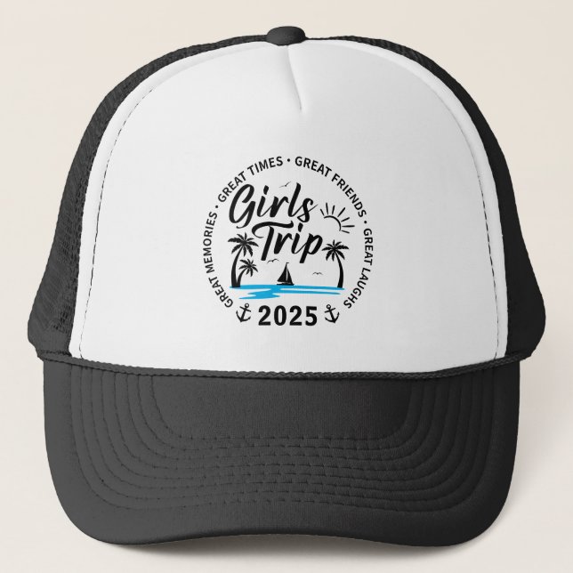 Custom Girls Trip Group Matching Beach Vacation Trucker Hat (Front)