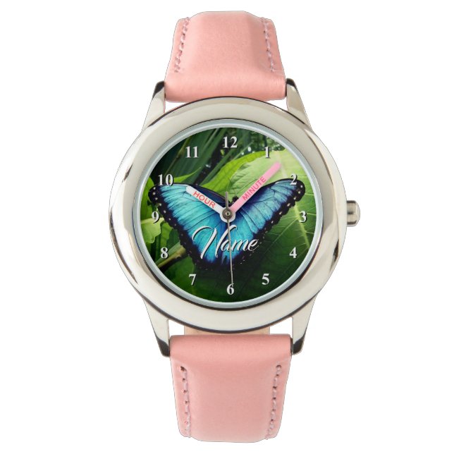 Custom girl's watch with cute blue butterfly photo (Front)
