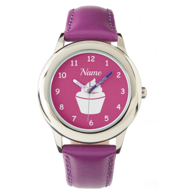 Custom girl's watch with cute pink cupcake design (Front)