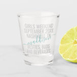 Custom Girls Weekend Friends Trip Personalised Shot Glass<br><div class="desc">Custom Girls Weekend Getaway Vacation Shot Glass with editable text and wording for a date,  destination location,  name,  and fun DIY quote like "besties,  buds,  and beverages" in turquoise aqua teal blue and grey is a fun custom keepsake for your travel squad or bridesmaids.</div>