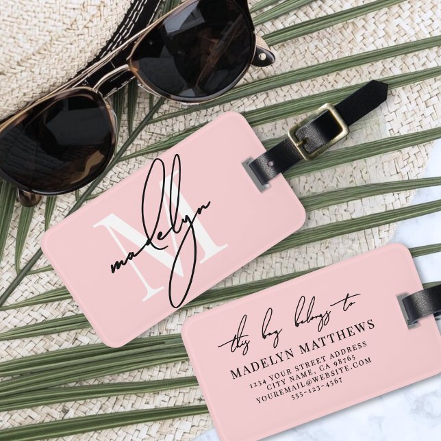 Custom Girly Blush Pink Monogram Name Luggage Tag (Modern Custom Girly Blush Pink Monogram Name Luggage Tag)