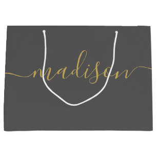 Custom Girly Chic Modern Feminine Gold Script Grey Large Gift Bag
