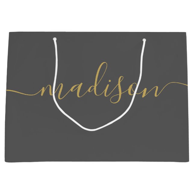 Custom Girly Chic Modern Feminine Gold Script Grey Large Gift Bag (Front)