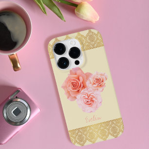 Custom Girly Floral Pink and Golden Damask Lace Case-Mate iPhone 14 Pro Case