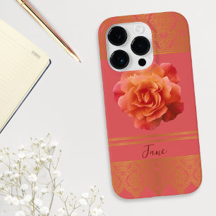 Custom Girly Floral Pink and Golden Damask Lace iPhone 14 Pro Case
