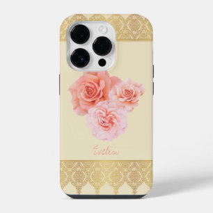 Custom Girly Floral Pink and Golden Damask Lace iPhone 14 Pro Case
