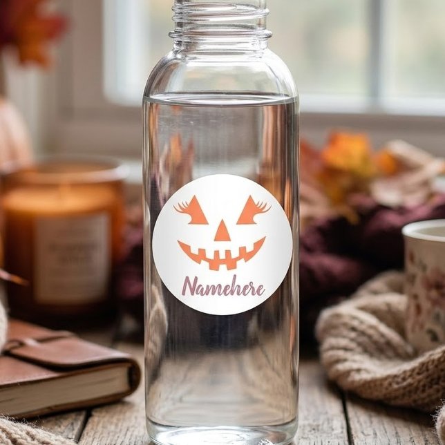 Custom Girly Jack O Lantern Pumpkin Halloween Classic Round Sticker (Creator Uploaded)