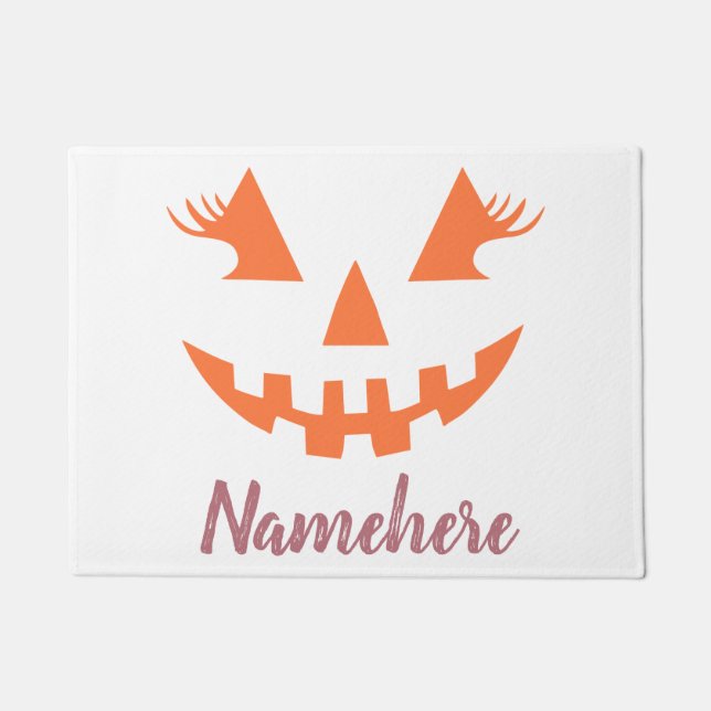 Custom Girly Jack O Lantern Pumpkin Halloween Doormat (Front)