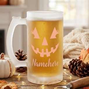 Custom Girly Jack O Lantern Pumpkin Halloween Frosted Glass Beer Mug