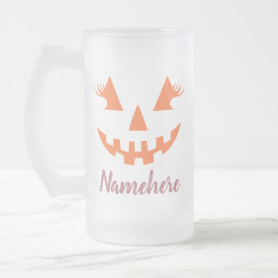 Custom Girly Jack O Lantern Pumpkin Halloween Frosted Glass Beer Mug