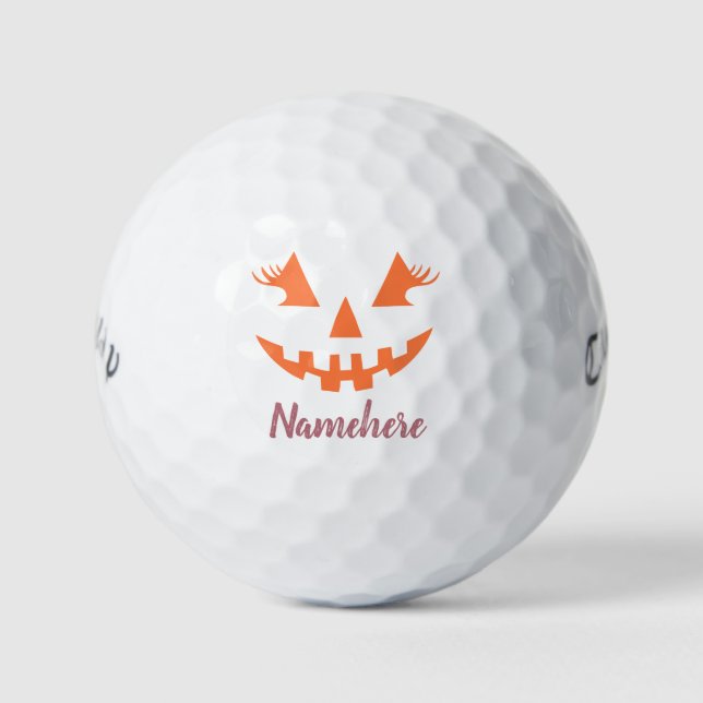 Custom Girly Jack O Lantern Pumpkin Halloween Golf Balls (Front)