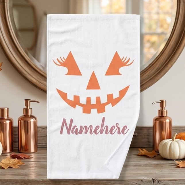 Custom Girly Jack O Lantern Pumpkin Halloween Hand Towel (Creator Uploaded)