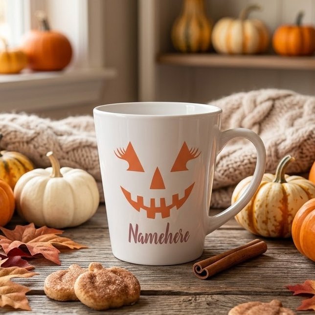 Custom Girly Jack O Lantern Pumpkin Halloween Latte Mug (Creator Uploaded)