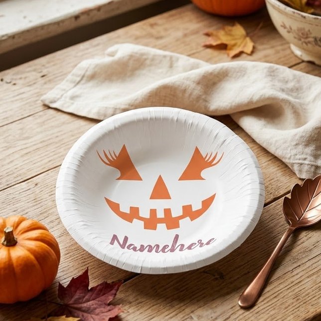Custom Girly Jack O Lantern Pumpkin Halloween Paper Plate (Creator Uploaded)