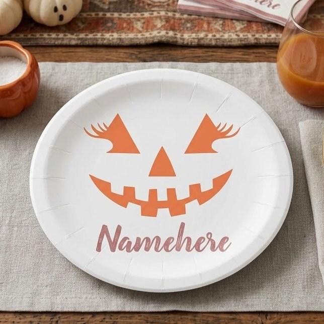 Custom Girly Jack O Lantern Pumpkin Halloween Paper Plate (Creator Uploaded)