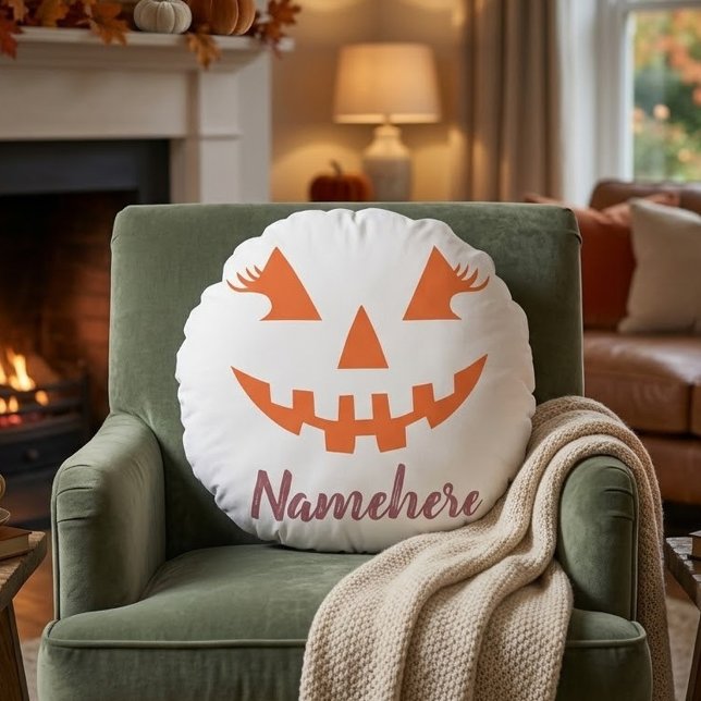 Custom Girly Jack O Lantern Pumpkin Halloween Round Cushion (Creator Uploaded)