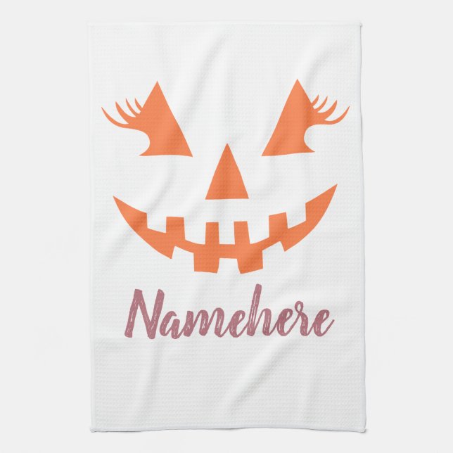 Custom Girly Jack O Lantern Pumpkin Halloween Tea Towel (Vertical)