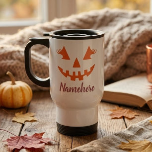 Custom Girly Jack O Lantern Pumpkin Halloween Travel Mug