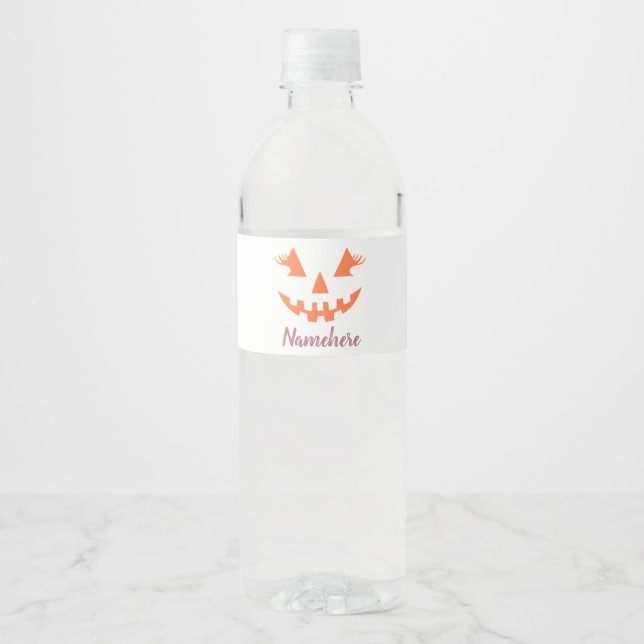 Custom Girly Jack O Lantern Pumpkin Halloween Water Bottle Label (Front)