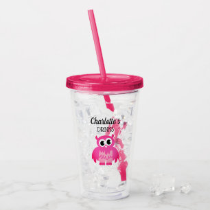 Custom girly pink owl kid's plastic tumbler glass