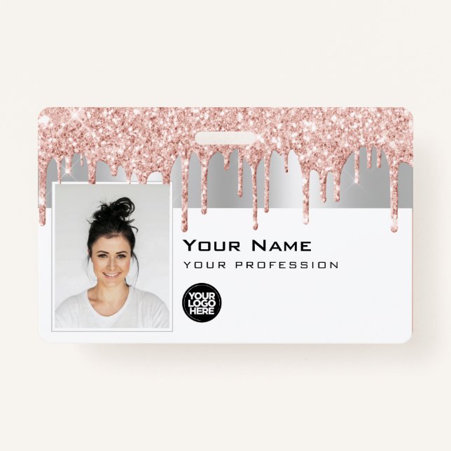 Custom Glam Employee Photo, Bar Code, Logo, Name ID Badge (Front)