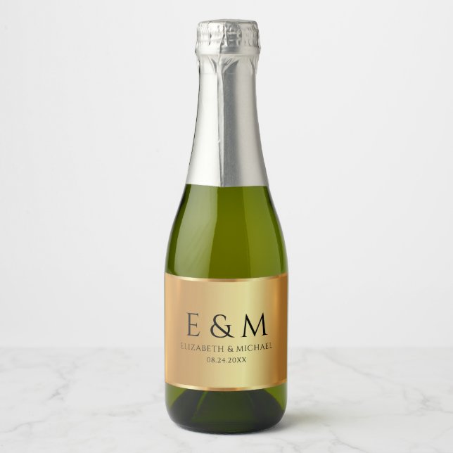 Custom Glamour Gold Text Monogram Save the Date Sparkling Wine Label (Front)