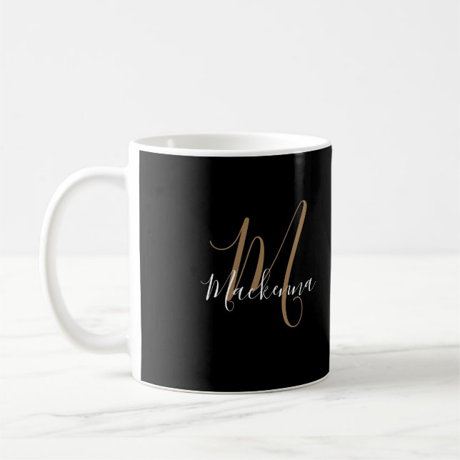 Custom Glamourous Black Gold Monogram Name Elegant Coffee Mug (Left)
