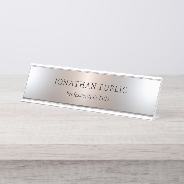Custom Glamourous Faux Silver Simple Template Desk Name Plate (Front)