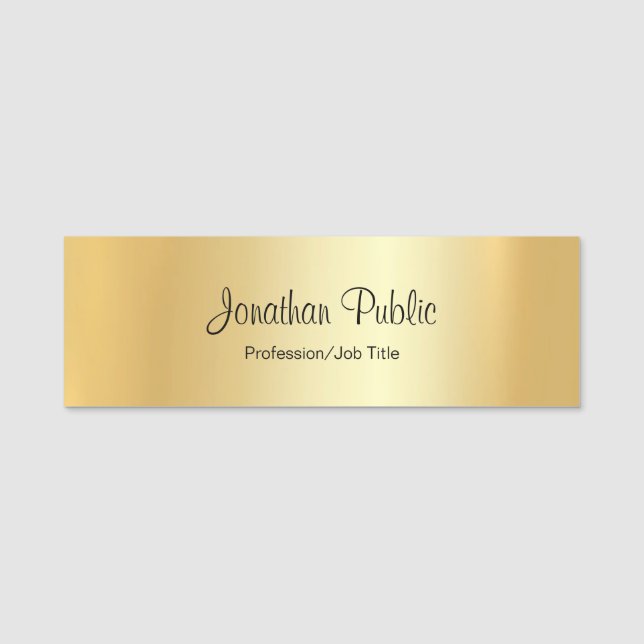 Custom Glamourous Gold Rectangle Modern Hand Name Tag (Front)