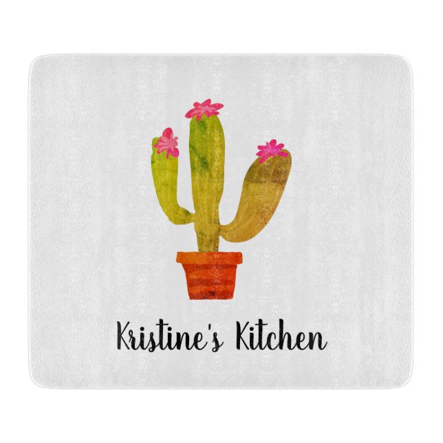 Custom glass cutting board with cute cactus plant (Front)