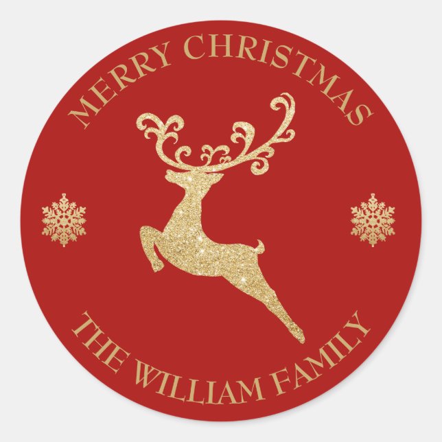 Custom Glitter Gold Reindeer Merry Christmas Classic Round Sticker (Front)